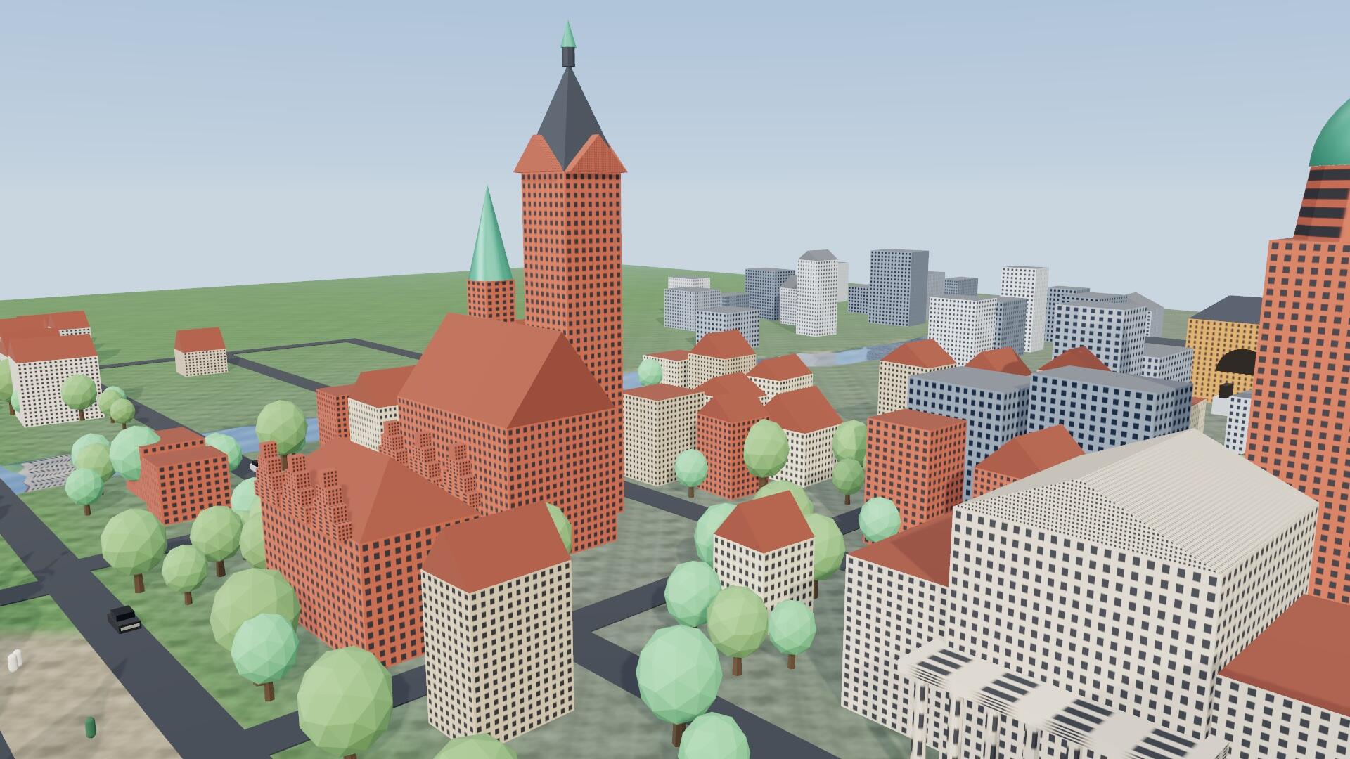 3D-Ansicht der Altstadt von Hannover mit Marktkirche, Altem Rathaus, Kreuzkirche, Oper und Anzeiger-Hochhaus.