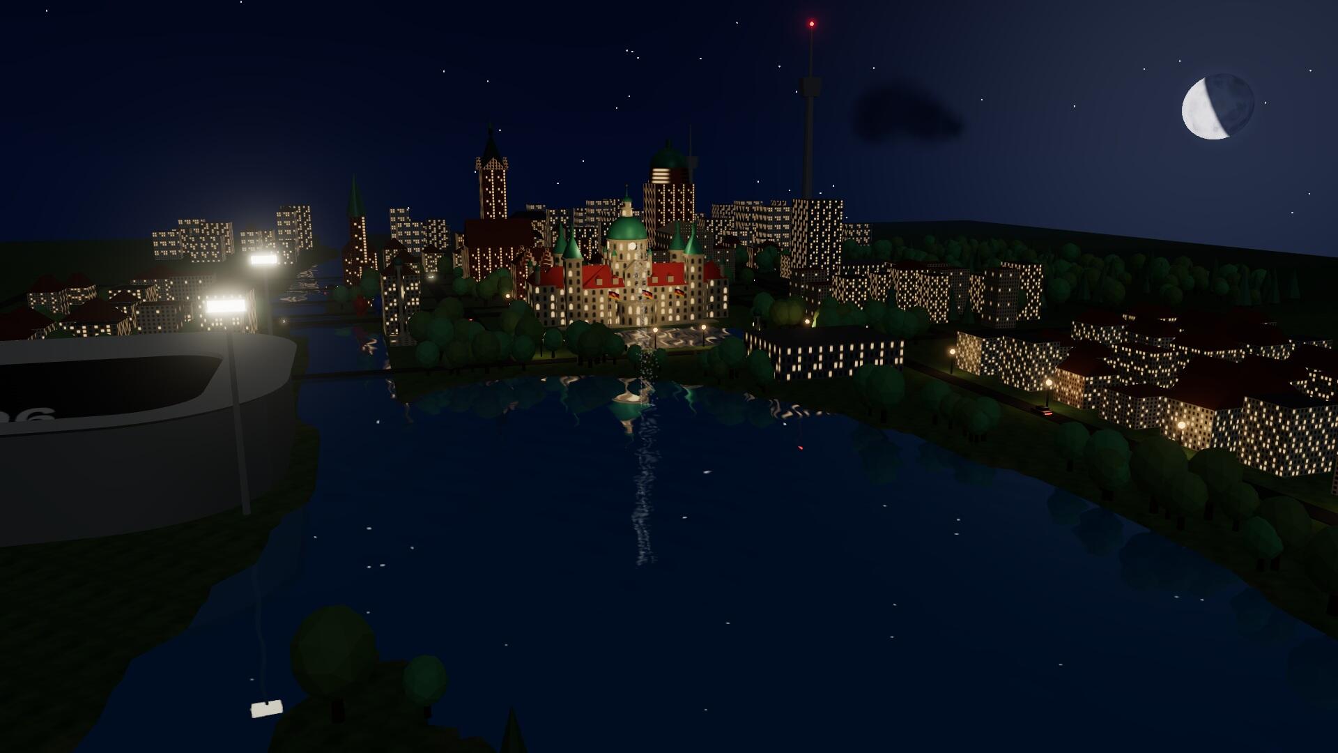 Nächtliche 3D-Ansicht über den Maschsee auf das beleuchtete Hannover mit Neuem Rathaus und HDI-Arena.