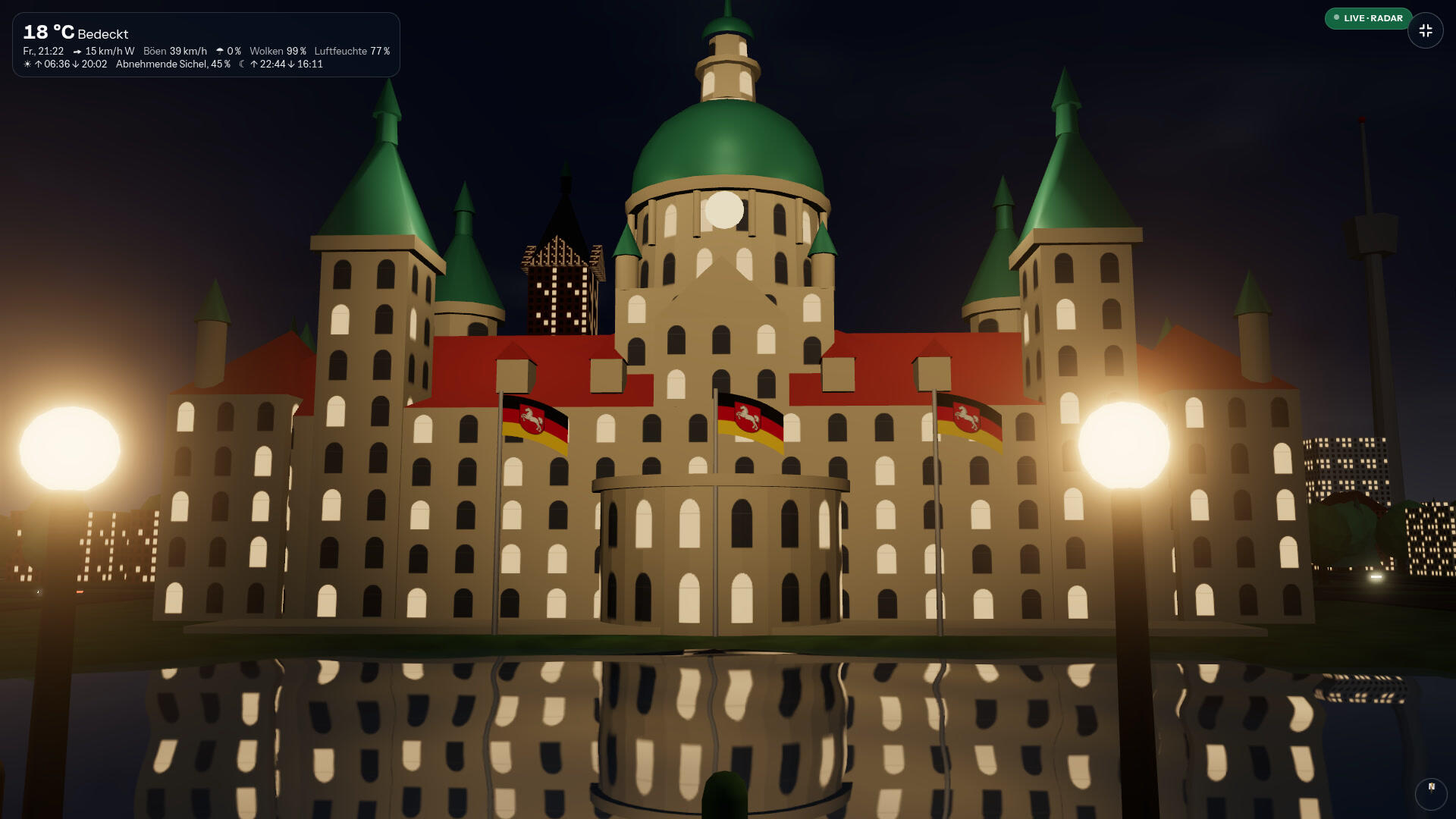 Das Neue Rathaus bei Nacht unter bedecktem Himmel mit den Live-Wetterdaten im HUD des 3D-Wetters.