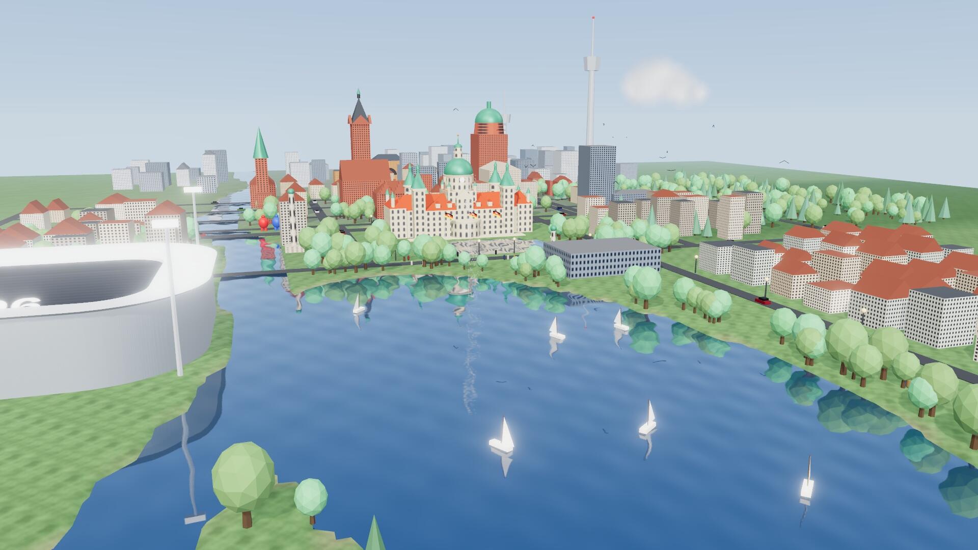 3D-Ansicht des Maschsees mit Segelbooten, der Fontäne, dem Neuen Rathaus dahinter und der HDI-Arena am linken Ufer.