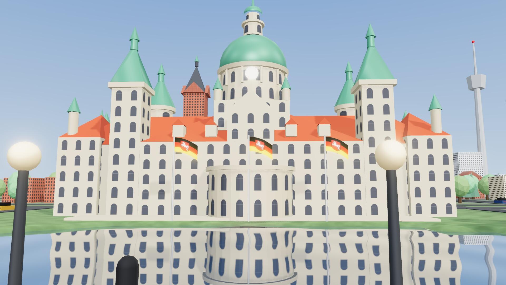 Stilisierte 3D-Ansicht des Neuen Rathauses am Maschteich mit Niedersachsen-Flaggen, blauem Himmel und Spiegelung im Wasser.