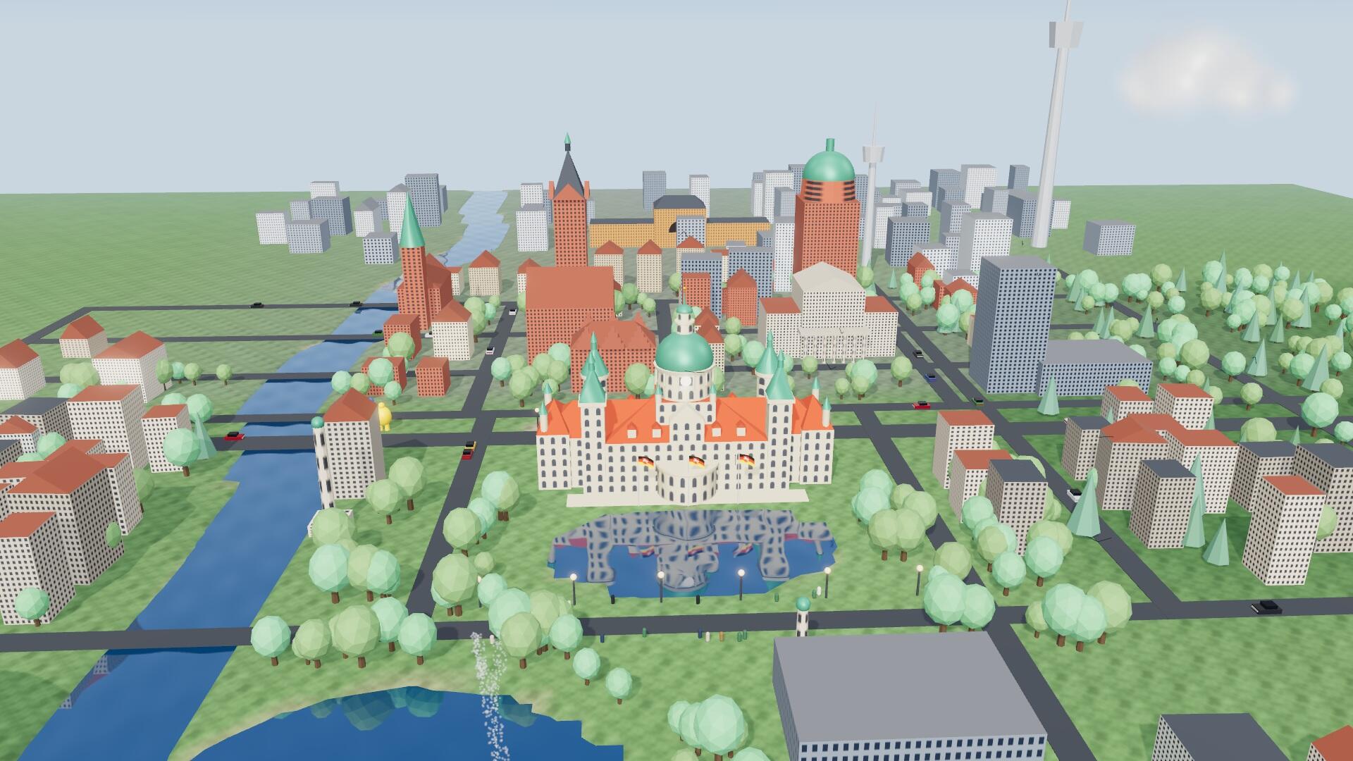 3D-Stadtansicht von Hannover bei Sonne: Neues Rathaus, Maschteich, Leine, Altstadt mit Marktkirche und die Fontäne im Maschsee.