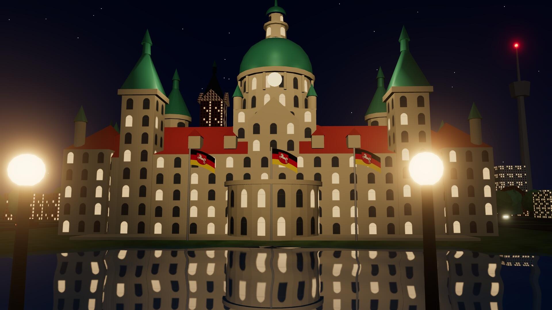 3D-Ansicht des beleuchteten Neuen Rathauses bei klarer Nacht mit Sternenhimmel, Laternen und Spiegelung im Maschteich.