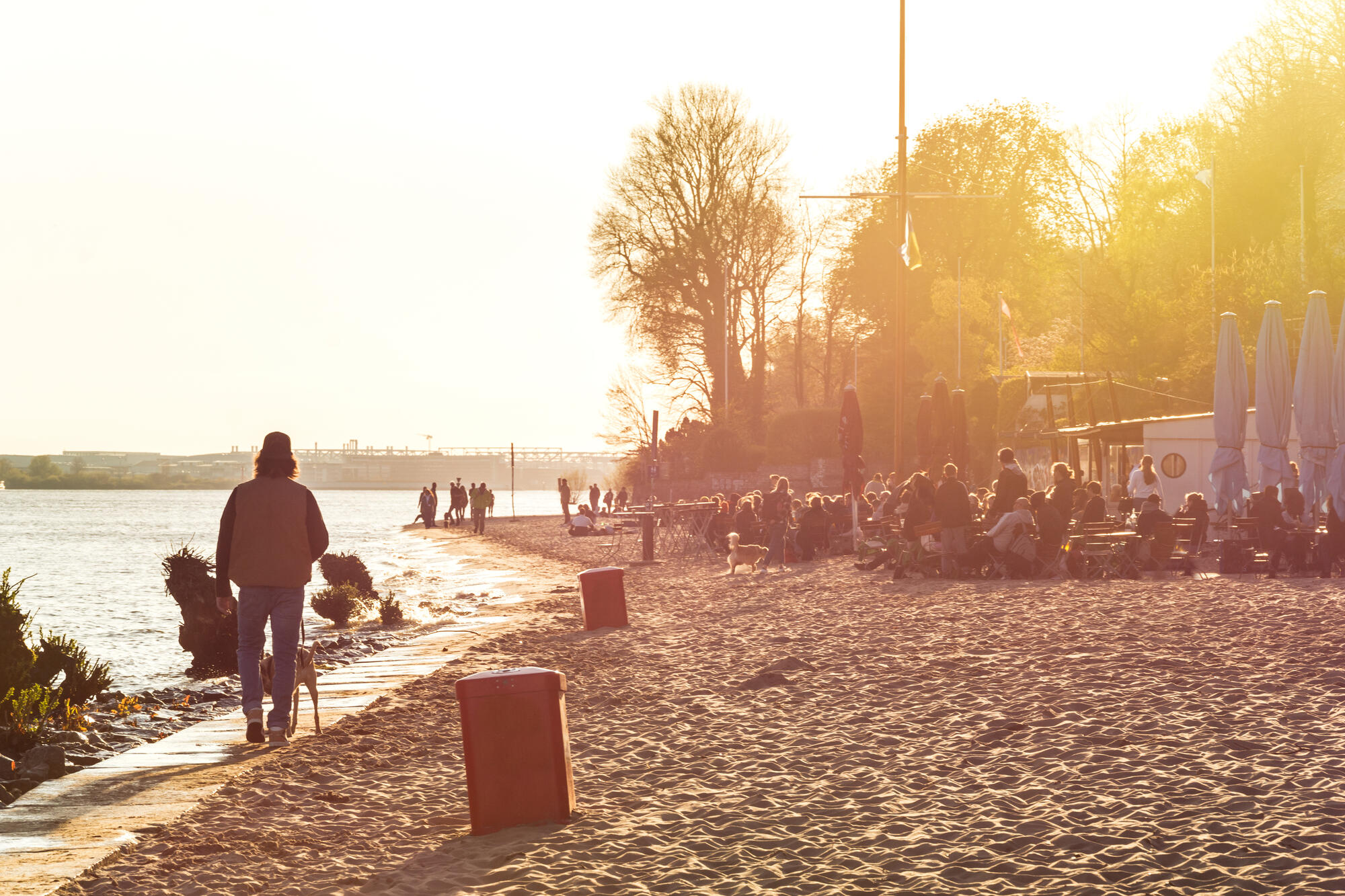 Menschen am Elbstrand im Abendlicht.