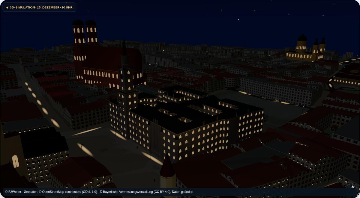 Münchner Rathaus und Frauenkirche in der 3D-Simulation am 15. Dezember 2026 um 20 Uhr.