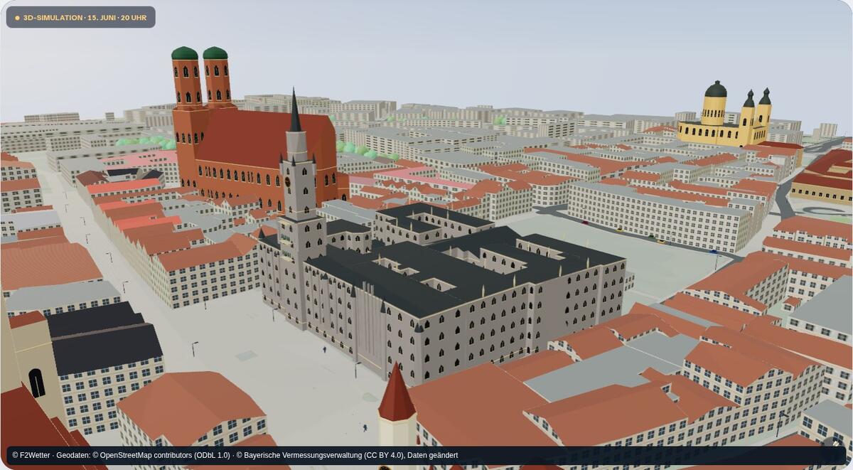 Münchner Rathaus und Frauenkirche in der 3D-Simulation am 15. Juni 2026 um 20 Uhr.
