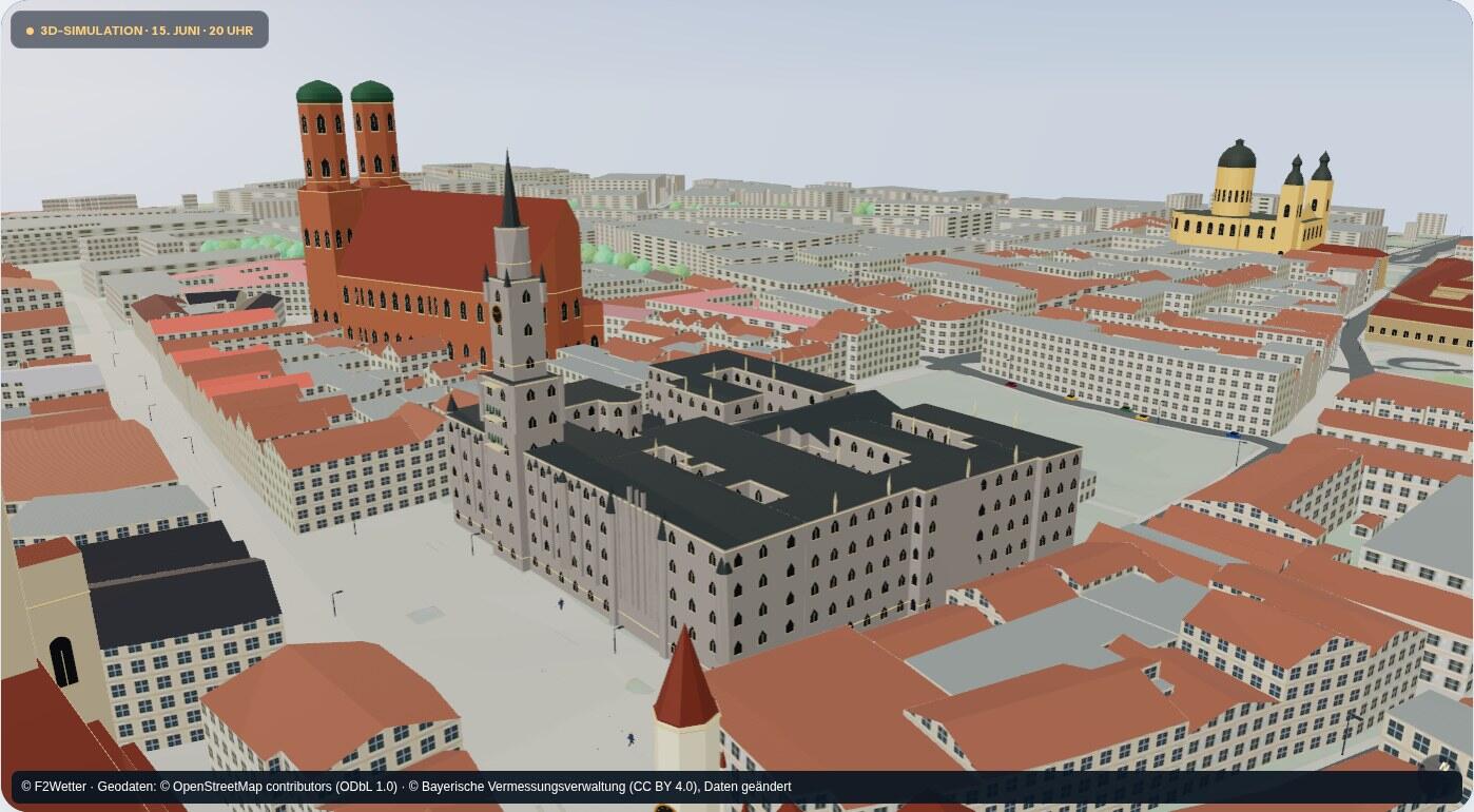 Münchner Rathaus und Frauenkirche in der 3D-Simulation am 15. Juni 2026 um 20 Uhr.