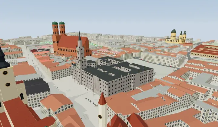 Statische 3D-Vorschau von München bei beispielhaft klarem Wetter.