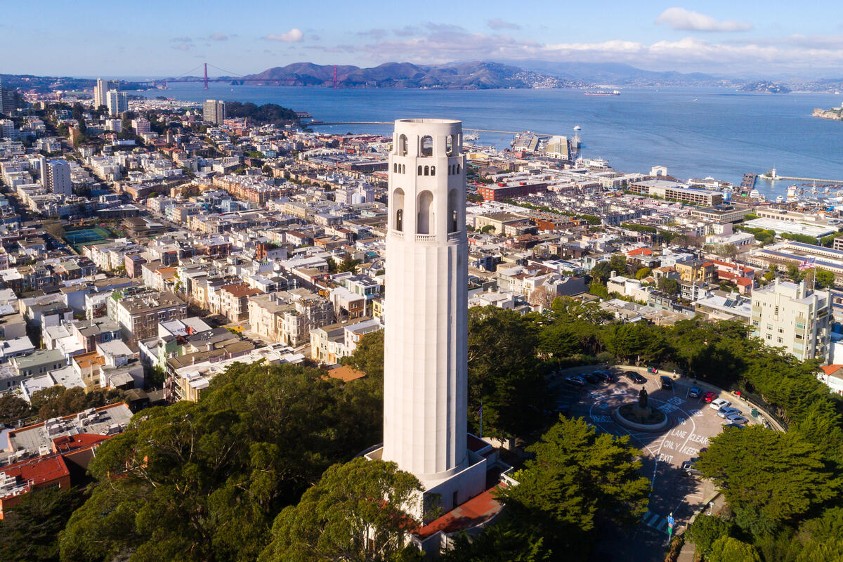 Eine erhöhte Ansicht zeigt den hellen Coit Tower zwischen Bäumen, dichten Wohnvierteln und der Bucht.