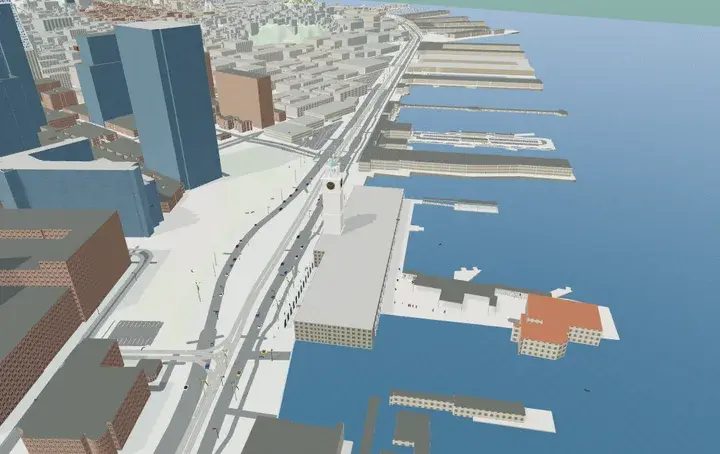 Statische 3D-Vorschau von San Francisco bei beispielhaft klarem Wetter.